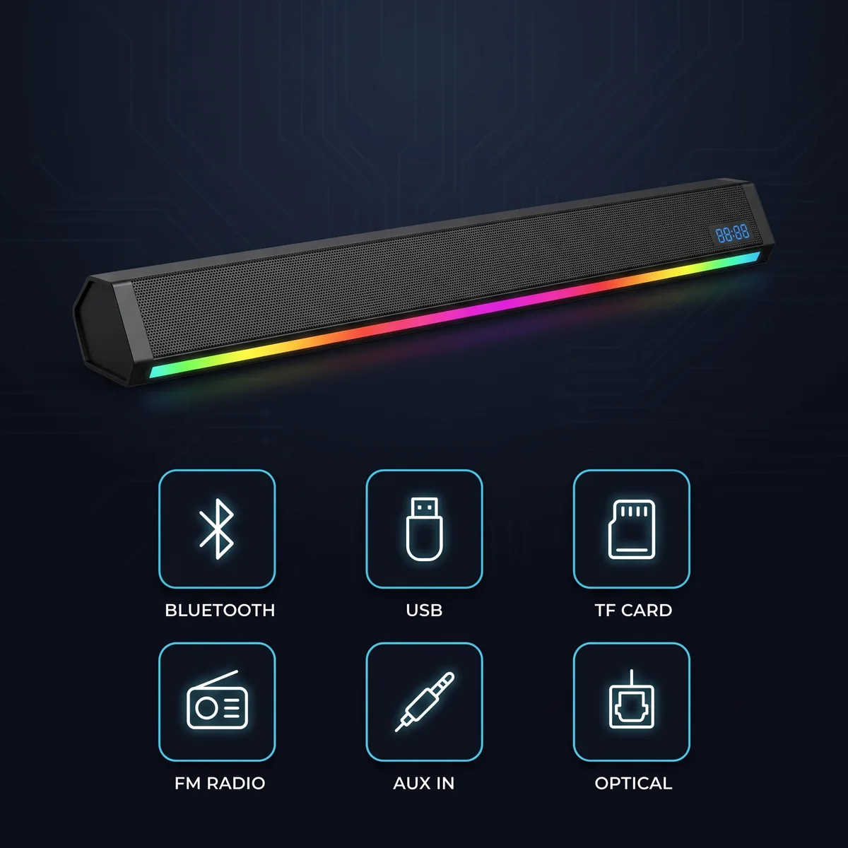 Bluetooth, USB, TF card, FM, AUX and optical inputs
