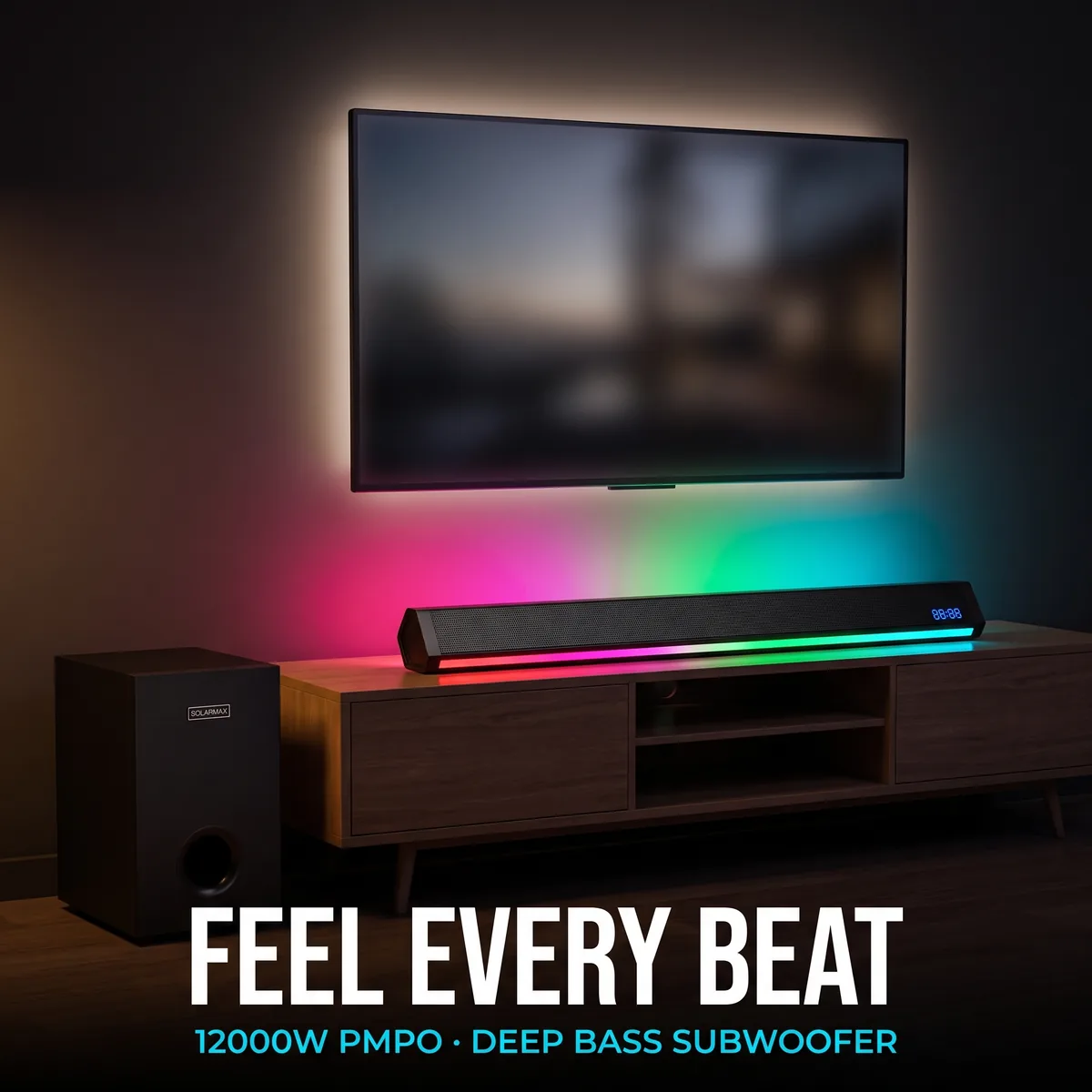 Soundbar under a TV in a living room